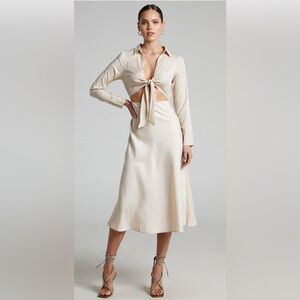 Showpo Annisa Tie Front Collared Midi Dress in Champagne